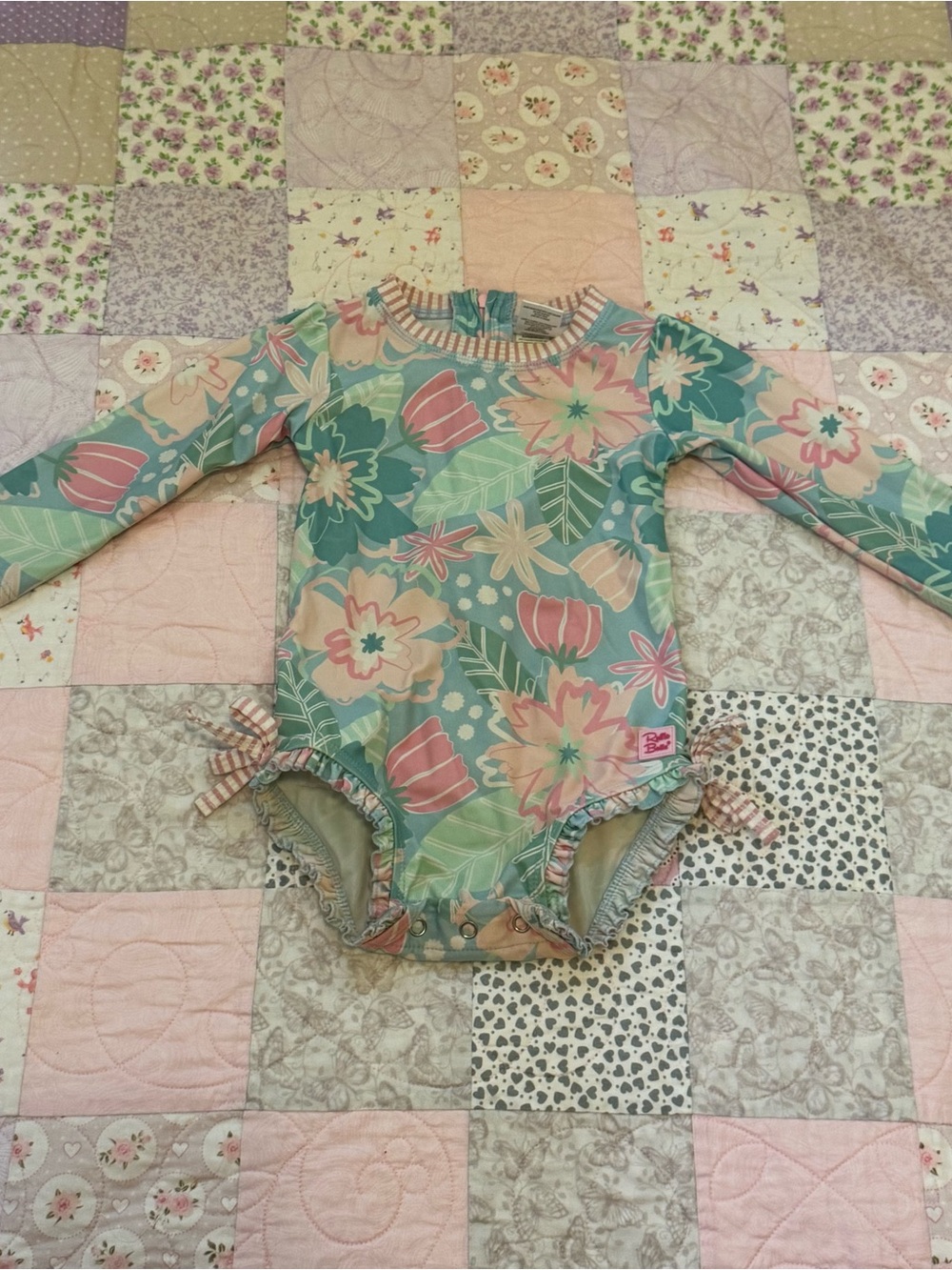 Ruffle Butts Mint, Pink & Peach Floral Long-Sleeve One-Piece